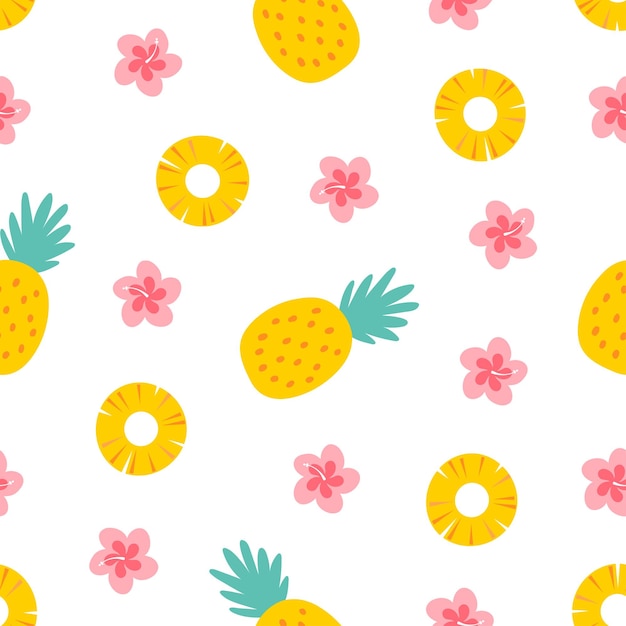 Cute seamless pattern with pineapples and hibiscus flowers