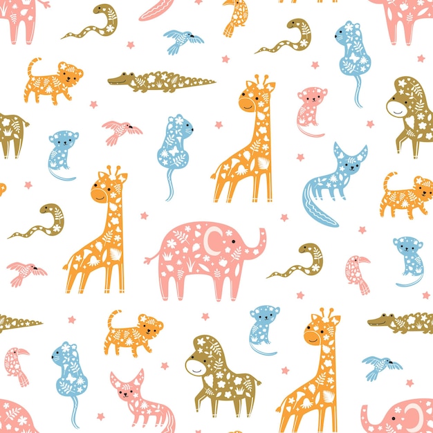 Cute seamless pattern with safari animals drawn in pastel colors