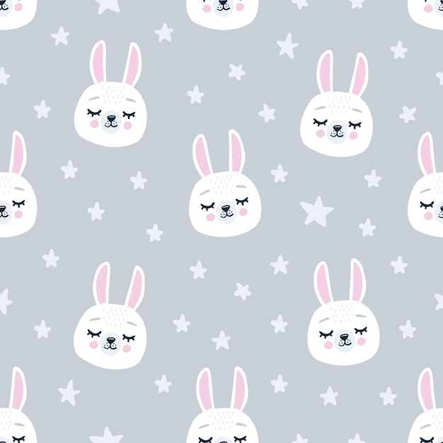 Cute seamless pattern with sleeping bunny heads. Hand drawn background with animal for children, fabric, stationery, clothes and pajamas in the Scandinavian style.