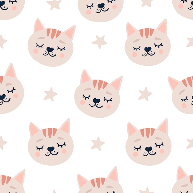 Cute seamless pattern with sleeping cats heads and stars.