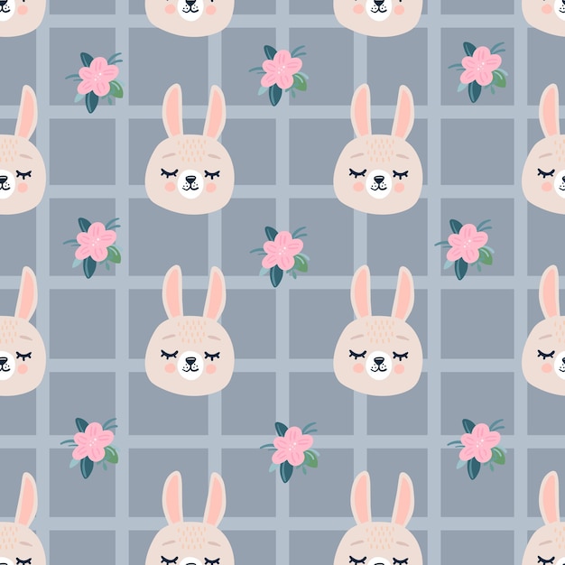 Cute seamless pattern with sleeping rabbits heads and flowers.