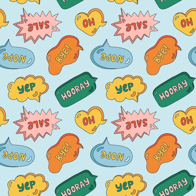 Cute seamless pattern with speech bubbles with short messages Backdrop with doodle chat clouds with handwritten talk phrases in different shapes Background for teen design template in groovy style