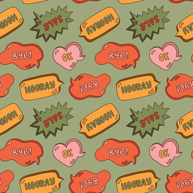 Cute seamless pattern with speech bubbles with short messages Backdrop with doodle chat clouds with handwritten talk phrases in different shapes Background for teen design template in groovy style