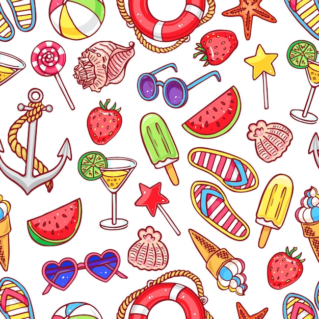 Cute seamless pattern with summer symbols. Shells, ice cream, strawberries. hand-drawn illustration