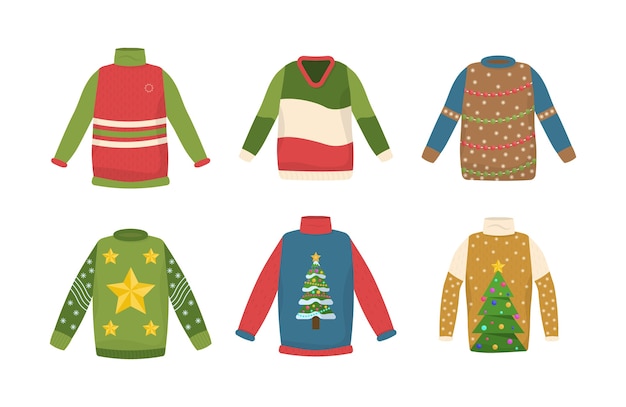 Cute seamless pattern with ugly Christmas sweaters. Fun New Year wear. Collection handmade Christmas sweater. Can be used for party invitation, greeting card, web design.