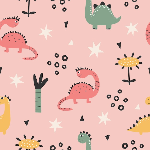 Cute seamless pattern with varied dinosaurs, mountains, volcanoes, palm trees, clouds. Creative childish background for fabric