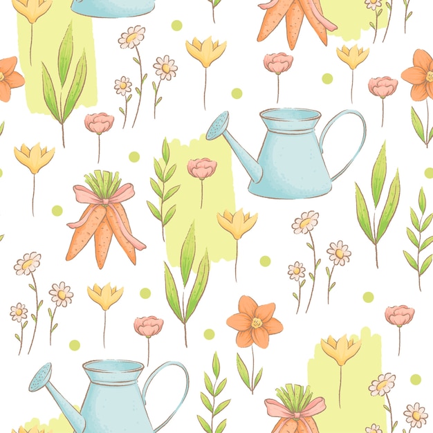 A cute seamless pattern with watering cans carrots and flowers on the garden theme Spring Easter pattern Imitation of handmade watercolors Cartoon flat 