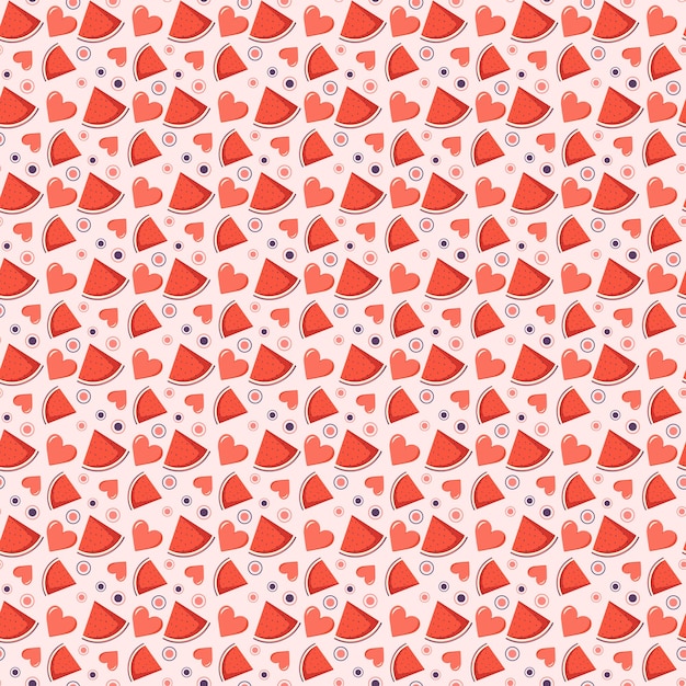 Cute seamless pattern with watermelon circles and hearts Festive bright print valentine day or summer decoration for wrapping paper textile and design Vector flat illustration