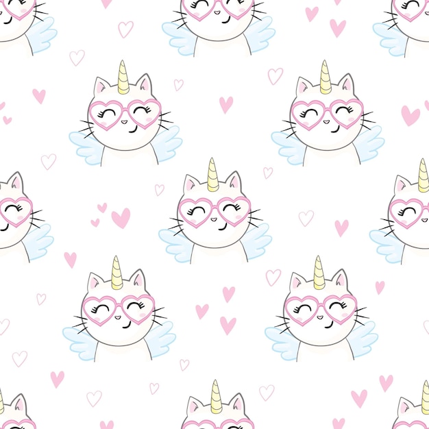 Cute seamless pattern with white cat in a unicorn costume with wings and rainbow horn