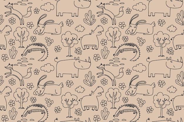 Cute seamless pattern with wild animals line art