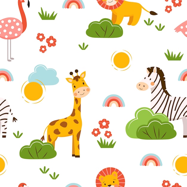 Cute seamless pattern with wild animals Vector print with funny giraffe zebra lion and flamingo