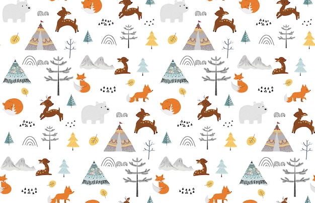 Cute seamless pattern with wild animals.