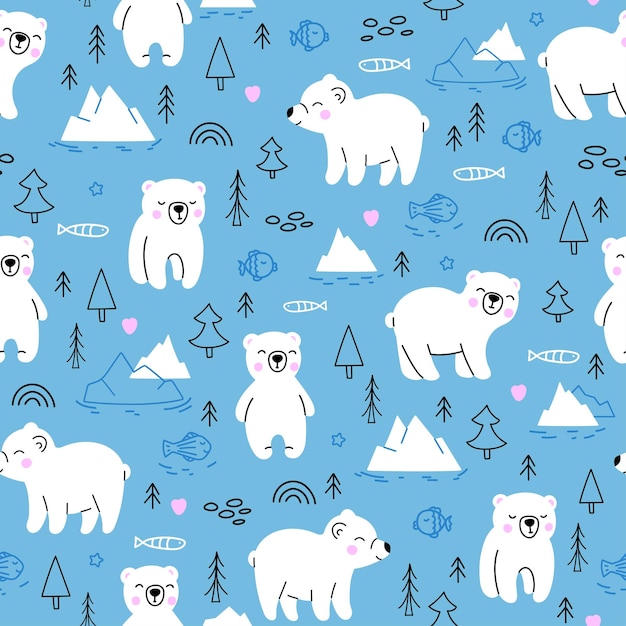 Cute seamless pattern with young arctic polar bears animals