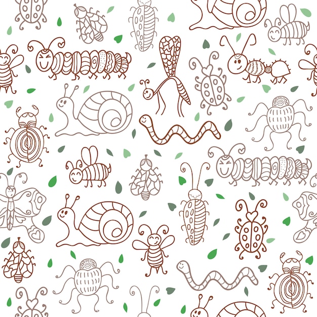 Cute seamless patterns with insects and leaves