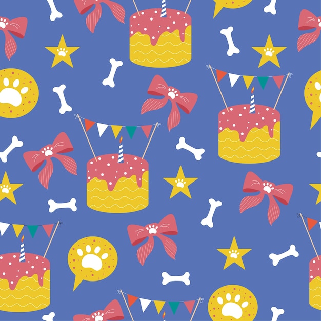 Cute seamless square pattern for dog party Vector hand drawn design with cake bones and paws