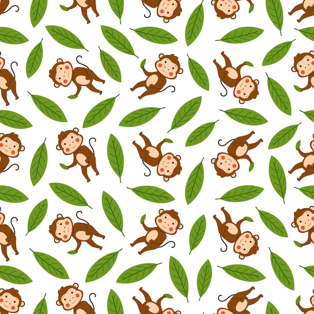 Cute seamless vector pattern with monkeys and leaves