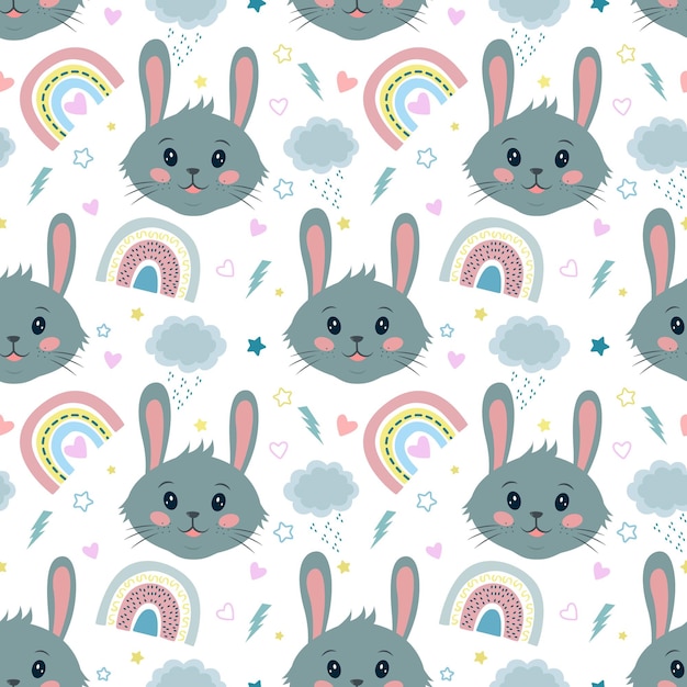 Cute seamless vector pattern with rabbits, hearts, clouds, rainbows and stars.Seamless vector print