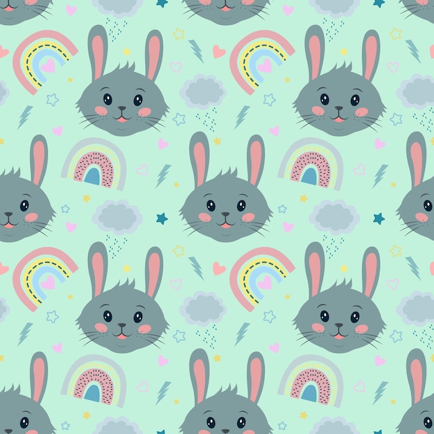 Cute seamless vector pattern with rabbits, hearts, clouds, rainbows and stars. Seamless vector