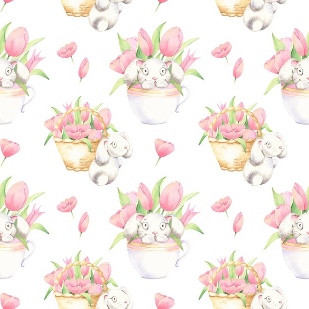 Cute seamless watercolor pattern with little rabbits tulips