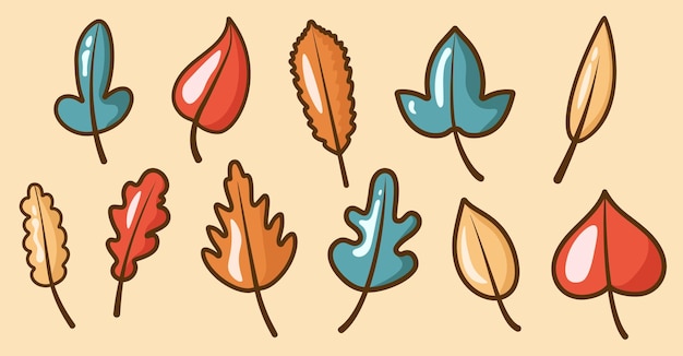 Cute set of autumn leaves. Vector flat cartoon style. Nature object icon. Autumn elements.