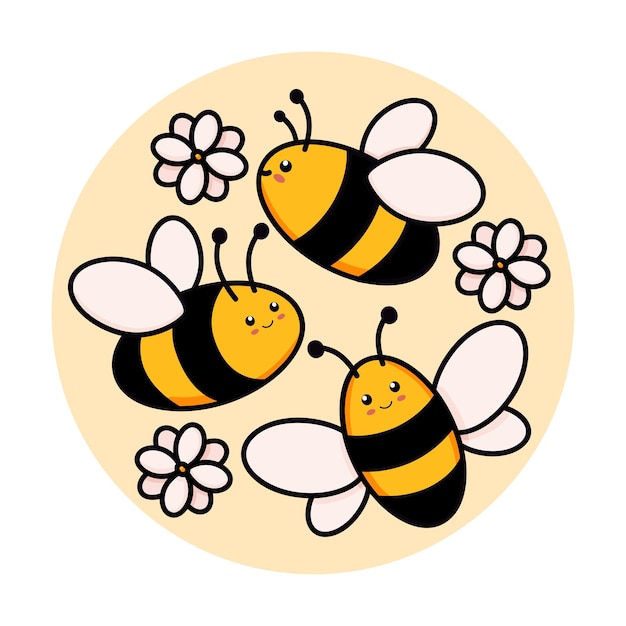 Cute set of bees in a round frame vector illustration in doodle style Colorful collection of bumblebees in a circle kids drawing for icon and logo design in yellow and black colors isolated on white