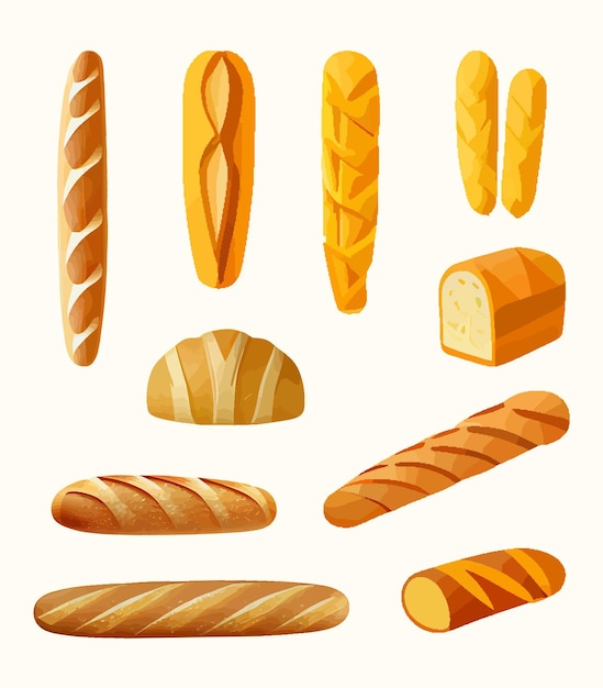 Cute set of cartoon icons of bread, baguette. Design for bakery menu, recipe book, bakery. French