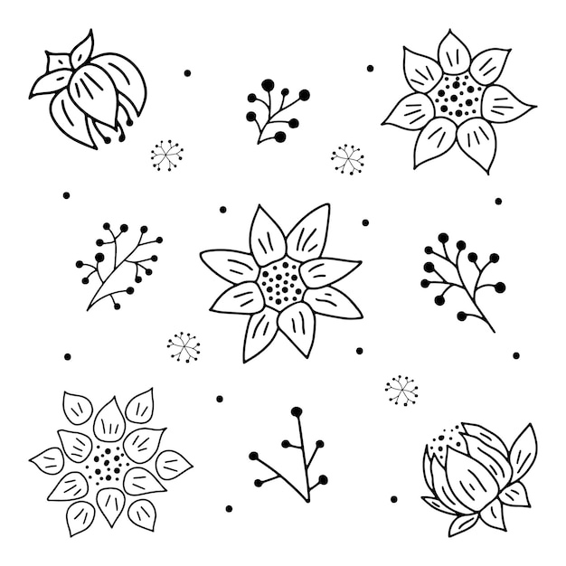 Cute set of flowers with branches in doodle style for different types of decoration postcards stickers