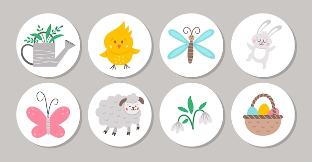 Cute set of round Easter highlight icons or card designs with bunny cute animals watering can butterfly flowers Vector spring holiday pin or badge design isolated on white background xA