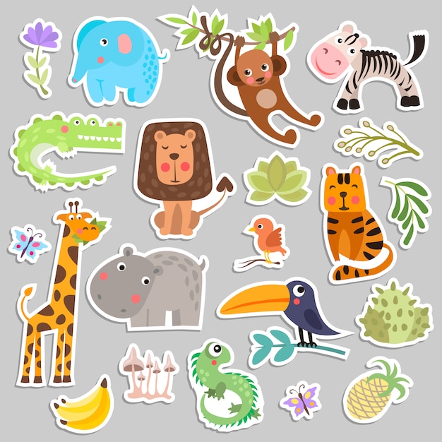 Cute set of Savanna and safari funny cartoon stickers of animals and flowers.