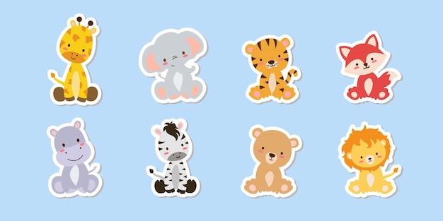 Cute set of stickers of safari animals Savanna and safari funny cartoon sticker animals Jungle ani