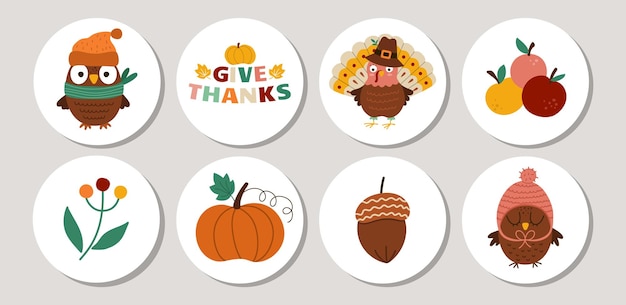 Cute set of Thanksgiving round cards with turkey owl harvest Vector autumn holiday highlight icons collections Fall design for tags postcards ads social mediaxA