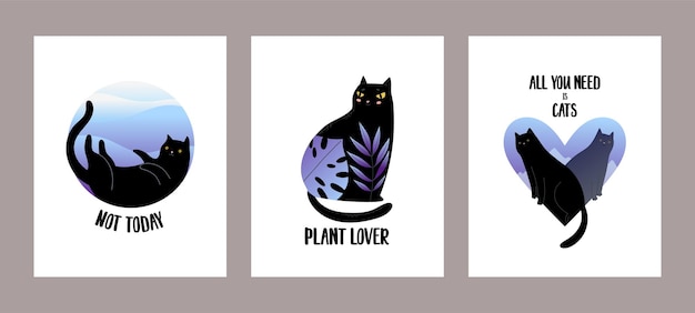 Cute set with cartoon black cats Modern abstract posters and cards Love style concept