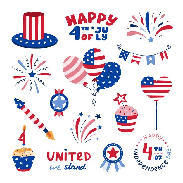 Vector cute set with cartoon patriotic symbols of usa independence day fireworks uncle sam hat medal cupcake balloons flag lettering etc hand drawn national signs for 4th july celebration festival