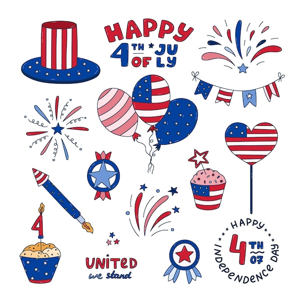 Vector cute set with colorful doodle patriotic symbols of usa independence day fireworks uncle sam hat medal cupcake balloons flag lettering etc national signs for 4th july with hand drawn outline