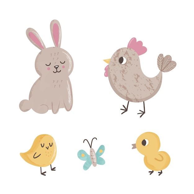 Cute set with spring animals butterfly, chicks, chicken and rabbit on white background