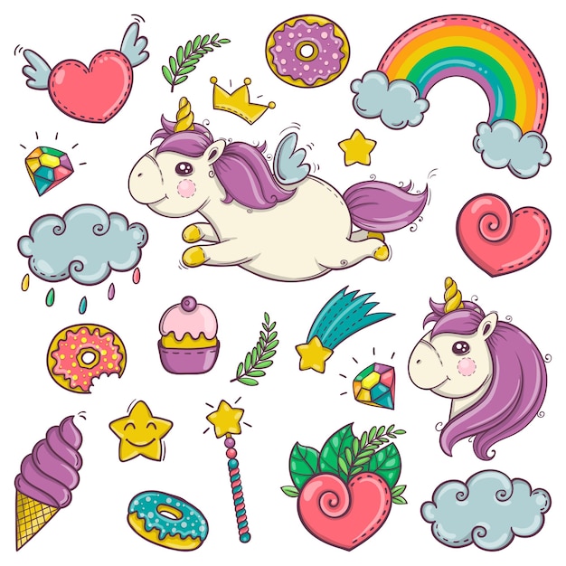 Cute set of wonderful magical elements with unicorns, candies and treasures. Fairy goods in flat style.