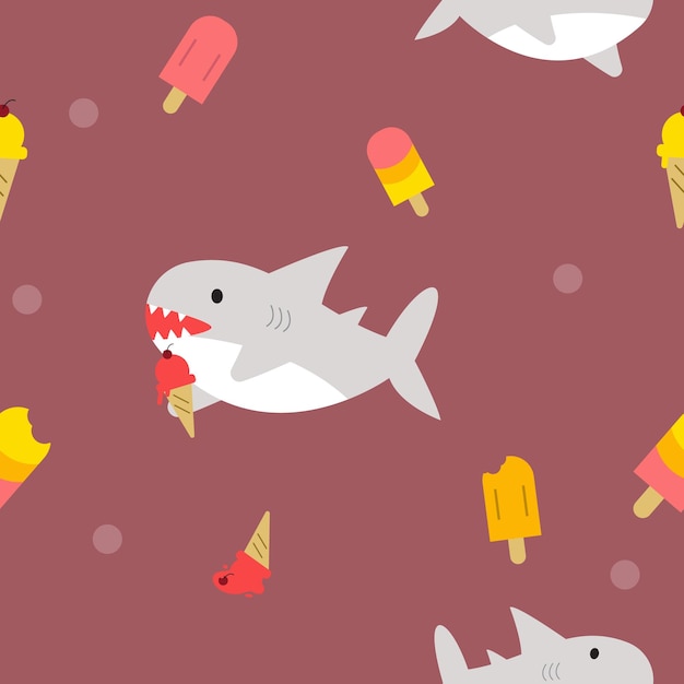 cute shark is eating ice cream fabric seamless cute pattern