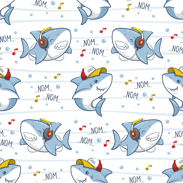 Cute Shark Seamless Pattern, Cartoon Illustration