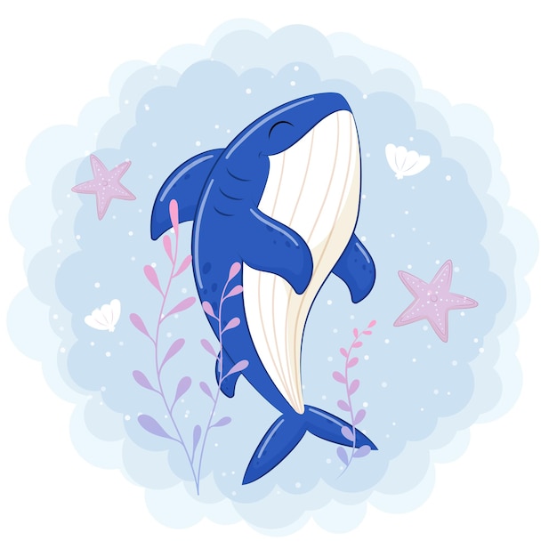 Cute shark swimming in the sea cartoon illustration