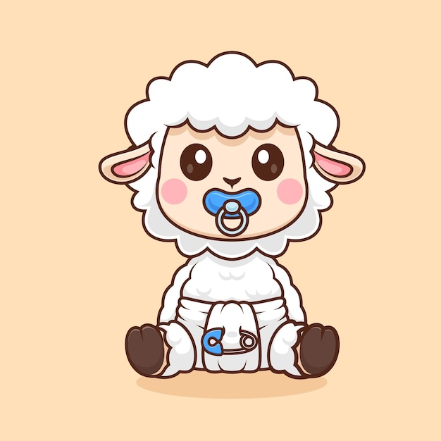 Cute Sheep Baby Wearing pacifier And Diaper Cartoon Vector Icon Illustration Animal Nature Isolated