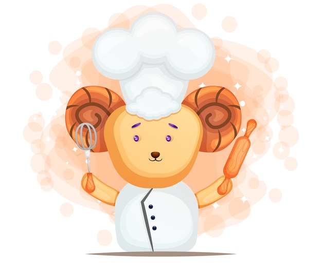 Cute sheep Chef holding whisk and rolling pin cartoon illustration 