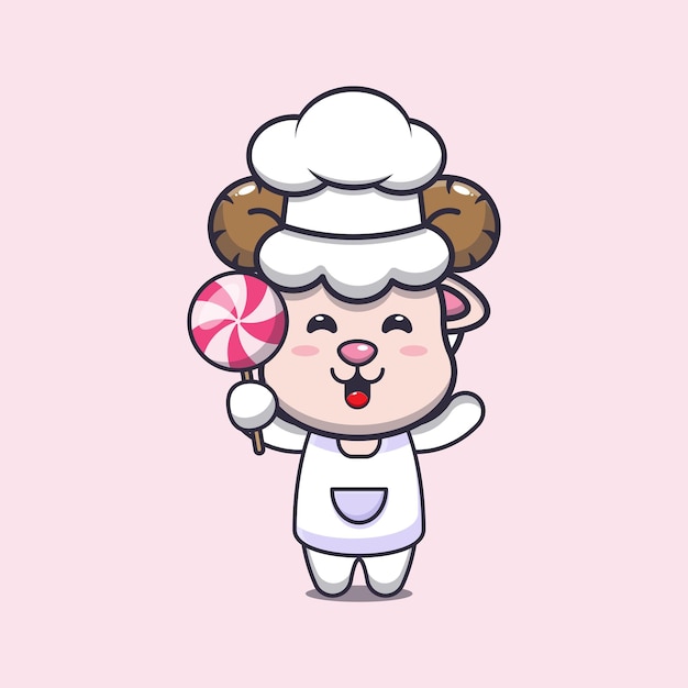 cute sheep chef mascot cartoon character holding candy