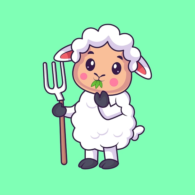 Cute Sheep Eating Grass And Holding Pitchfork Cartoon Vector Icon Illustration Animal Nature Flat