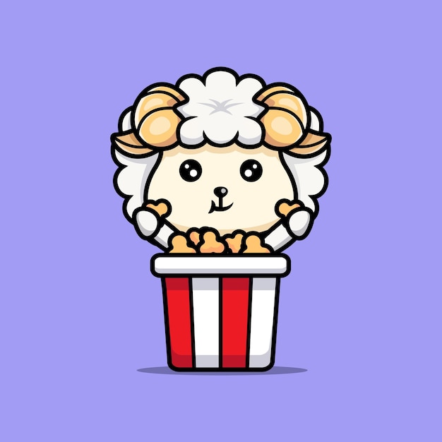 Cute sheep eating popcorn cartoon icon character chibi animal mascot illustration vector