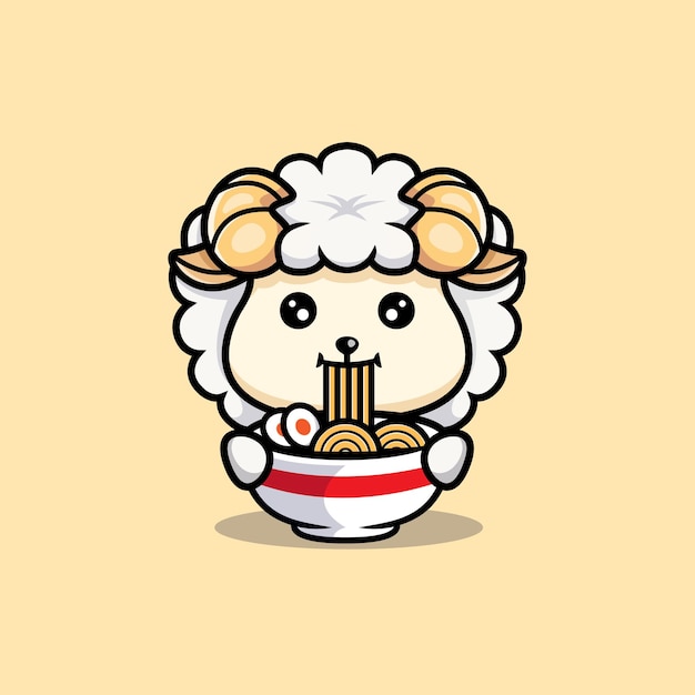 Cute sheep eating ramen noodle cartoon icon character chibi animal mascot illustration vector