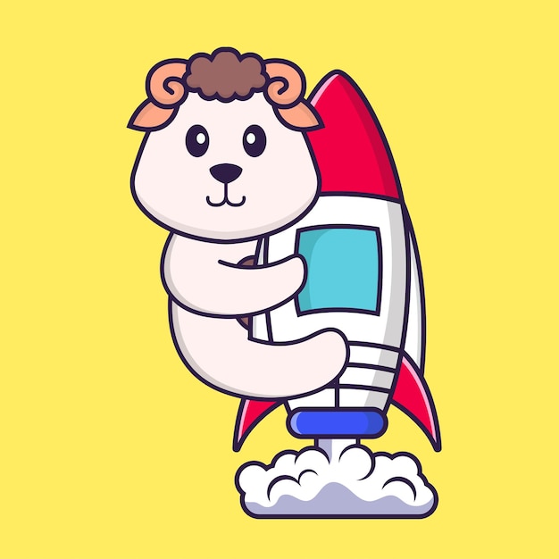 Cute sheep flying on rocket. Animal cartoon concept isolated.