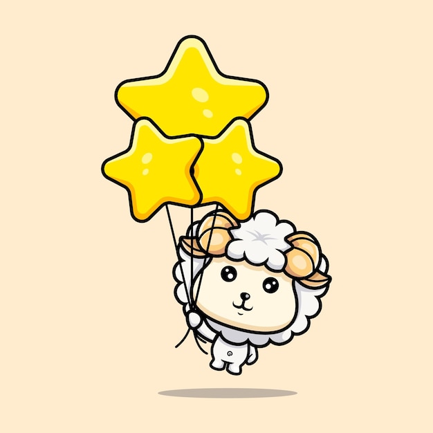 Cute sheep holding balloon cartoon icon character chibi animal mascot illustration vector