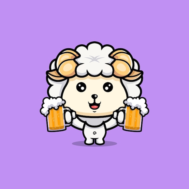 Cute sheep holding beer cartoon icon character chibi animal mascot illustration vector