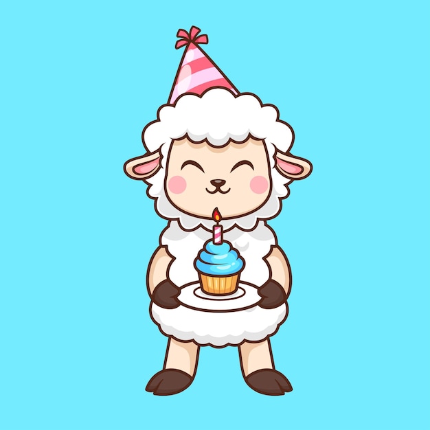 Cute Sheep Holding Birthday Cake Cartoon Vector Icon Illustration Animal Food Isolated Flat Vector