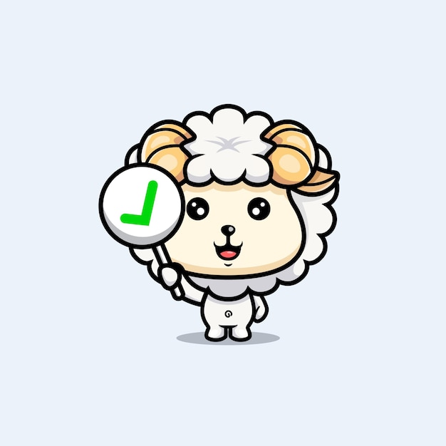 Cute sheep holding correct sign or checklist sign cartoon icon character chibi animal mascot illustration vector